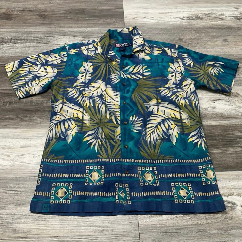 Vintage Chaps Hawaiian Shirt 90s Ralph Lauren Blue Green Mens M Tropical Leaves